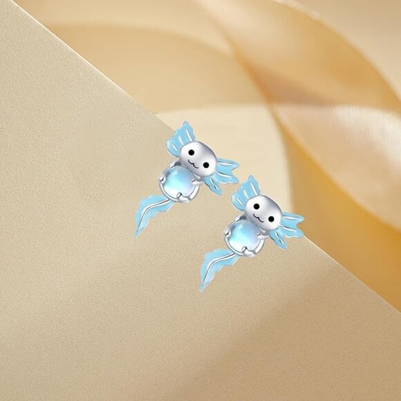 Axolotl Sterling Silver Earrings with Moonstone – Cute Animal Studs NWT - Picture 3 of 6